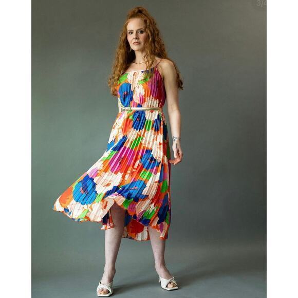 NWT Sam Edelman Retro Multicolor Floral Plisse Midi Flowy Dress Belted Size L - Picture 1 of 9